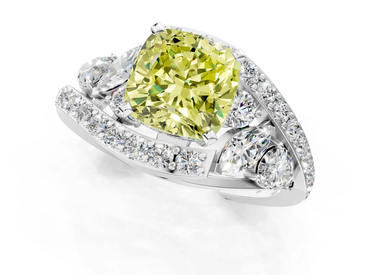 Fancy Yellow Cushion Cut Diamond Halo Ring in Platinum with Marquise and Pavé Band in Prong Setting_13