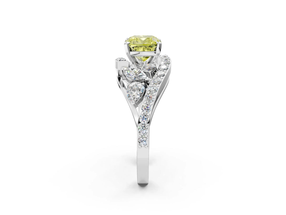 Fancy Yellow Cushion Cut Diamond Halo Ring in Platinum with Marquise and Pavé Band in Prong Setting_14