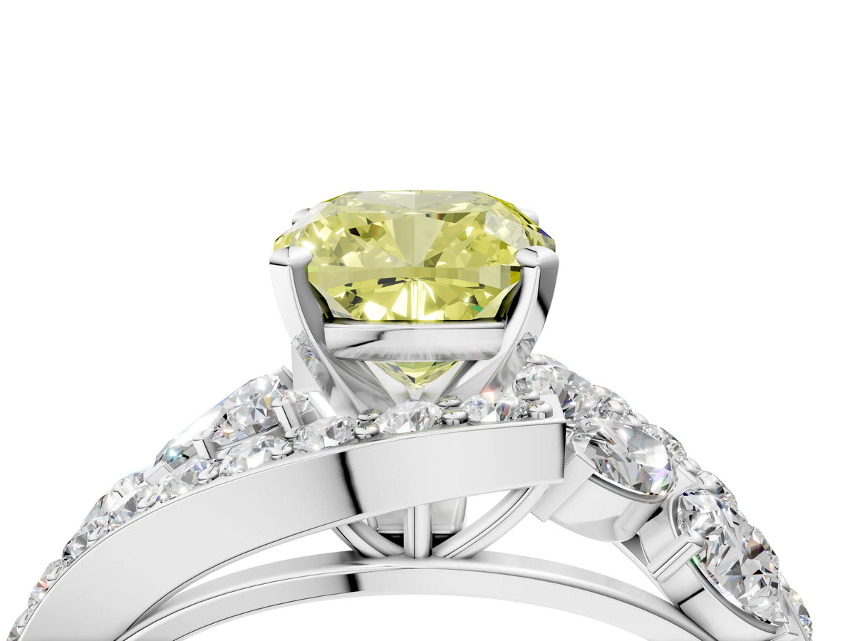 Fancy Yellow Cushion Cut Diamond Halo Ring in Platinum with Marquise and Pavé Band in Prong Setting_16