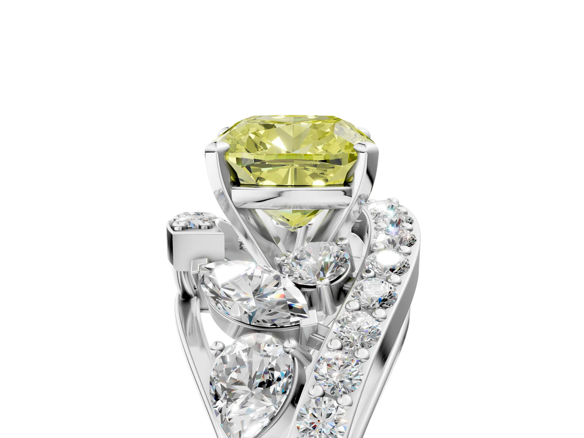 Fancy Yellow Cushion Cut Diamond Halo Ring in Platinum with Marquise and Pavé Band in Prong Setting_17