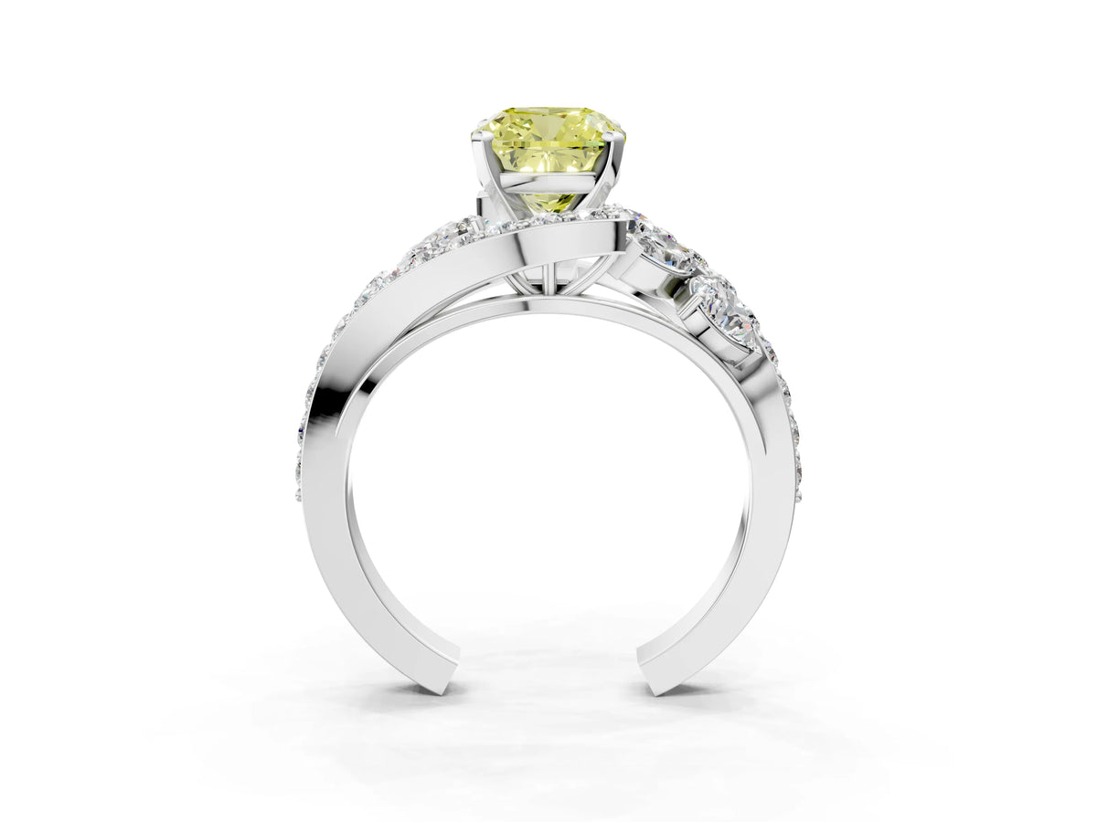 Fancy Yellow Cushion Cut Diamond Halo Ring in Silver with Marquise and Pavé Band in Prong Setting_15
