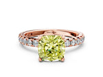 Fancy Yellow Cushion Cut Diamond Pavé Solitaire Ring in Rose gold with Round Pavé Band and Prong Setting