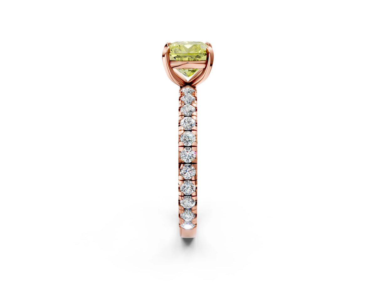 Fancy Yellow Cushion Cut Diamond Pavé Solitaire Ring in Rose gold with Round Pavé Band and Prong Setting_2