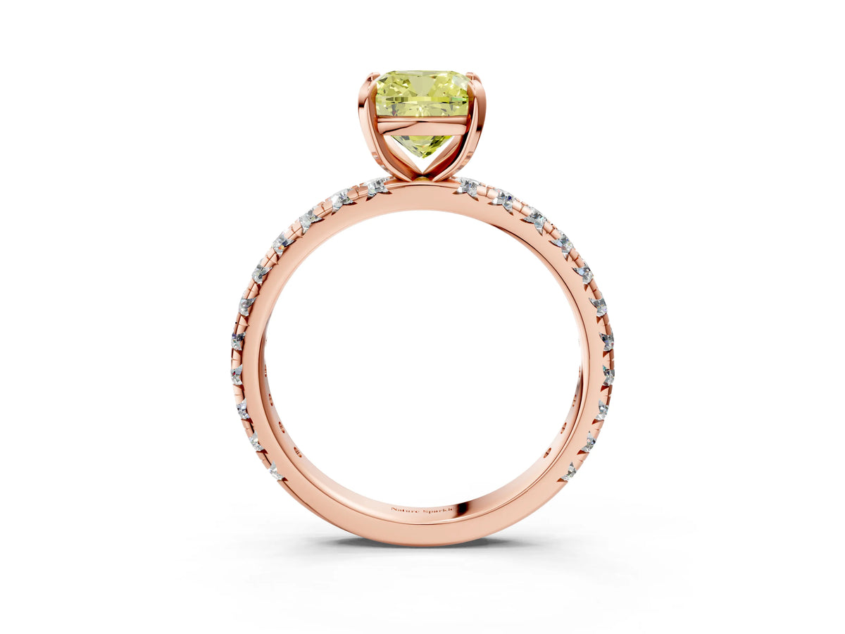 Fancy Yellow Cushion Cut Diamond Pavé Solitaire Ring in Rose gold with Round Pavé Band and Prong Setting_3