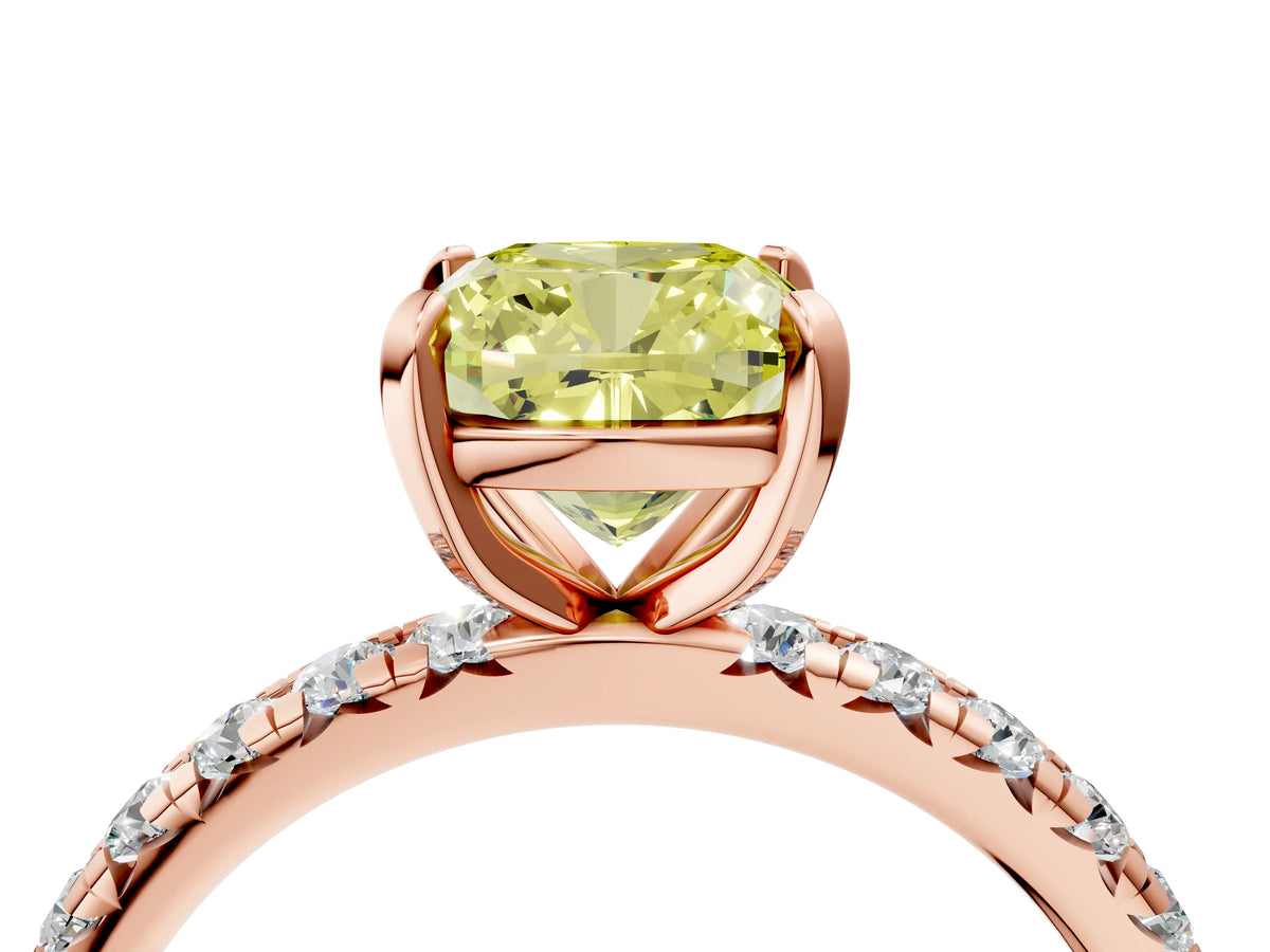 Fancy Yellow Cushion Cut Diamond Pavé Solitaire Ring in Rose gold with Round Pavé Band and Prong Setting_4