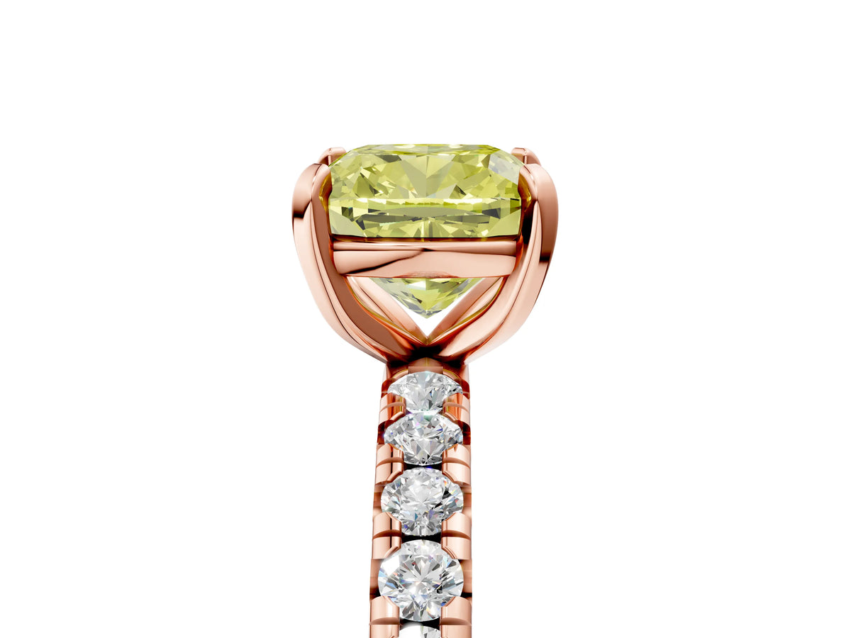Fancy Yellow Cushion Cut Diamond Pavé Solitaire Ring in Rose gold with Round Pavé Band and Prong Setting_5