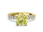 Fancy Yellow Cushion Cut Diamond Pavé Solitaire Ring in Yellow gold with Round Pavé Band and Prong Setting