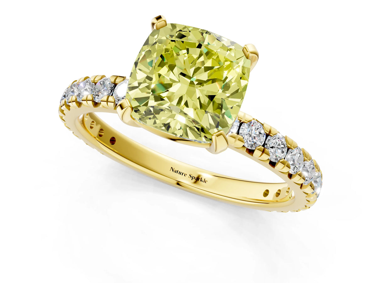 Fancy Yellow Cushion Cut Diamond Pavé Solitaire Ring in Yellow gold with Round Pavé Band and Prong Setting_1