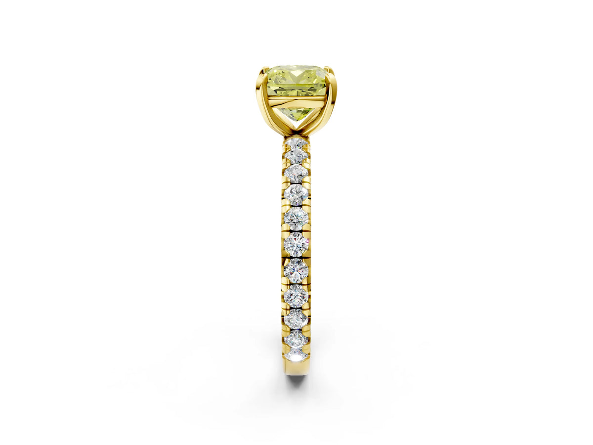 Fancy Yellow Cushion Cut Diamond Pavé Solitaire Ring in Yellow gold with Round Pavé Band and Prong Setting_2