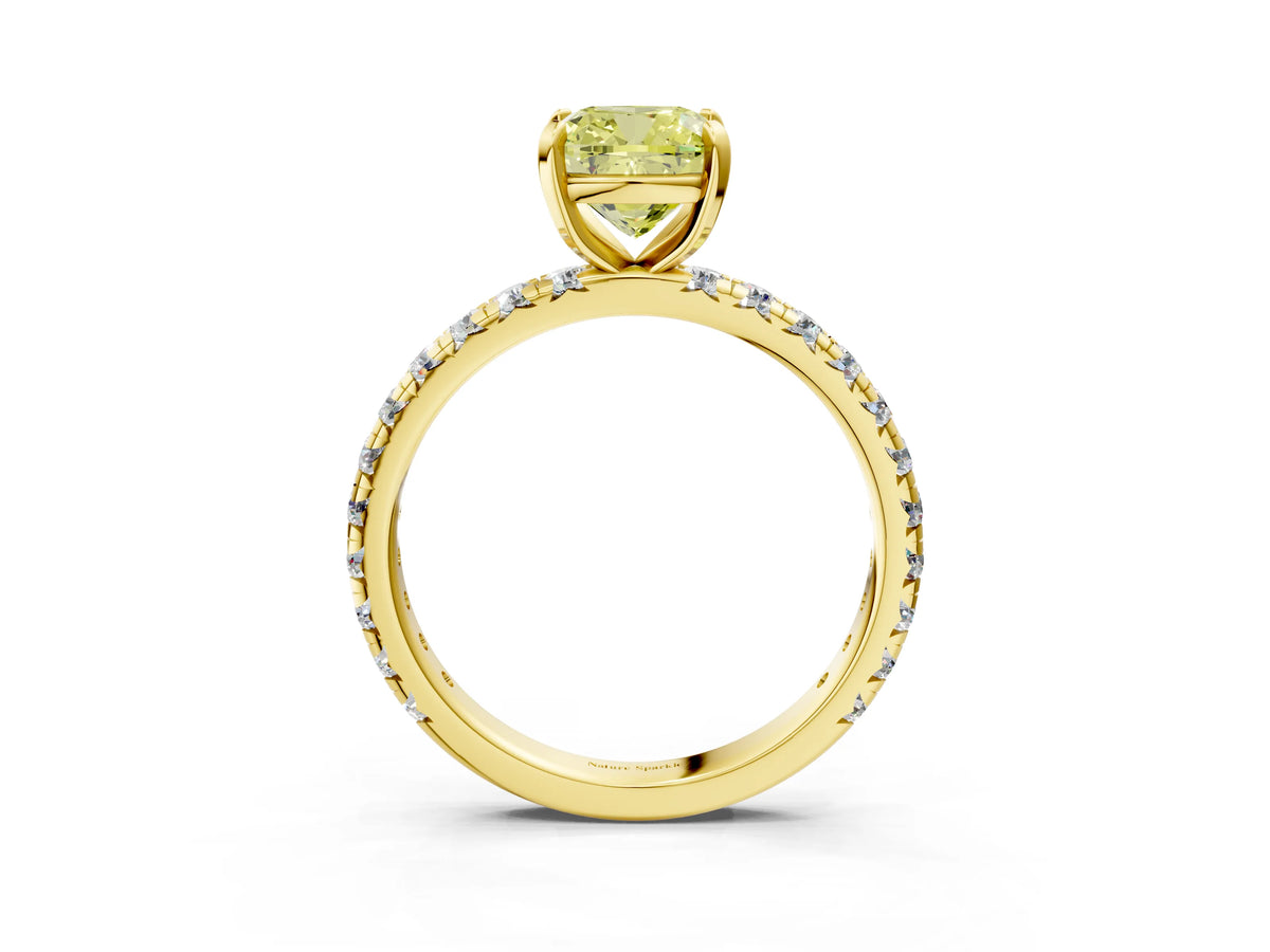 Fancy Yellow Cushion Cut Diamond Pavé Solitaire Ring in Yellow gold with Round Pavé Band and Prong Setting_3
