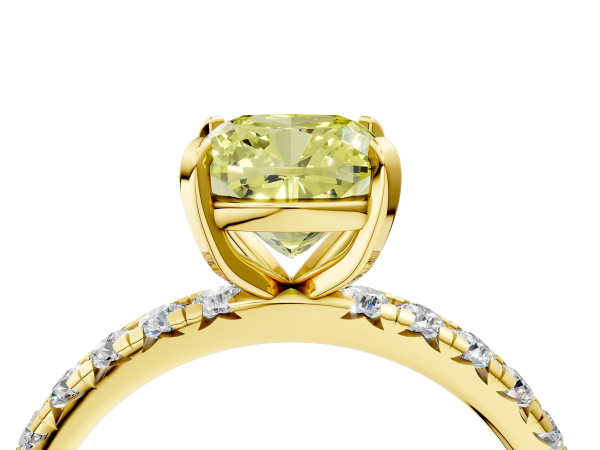 Fancy Yellow Cushion Cut Diamond Pavé Solitaire Ring in Yellow gold with Round Pavé Band and Prong Setting_4
