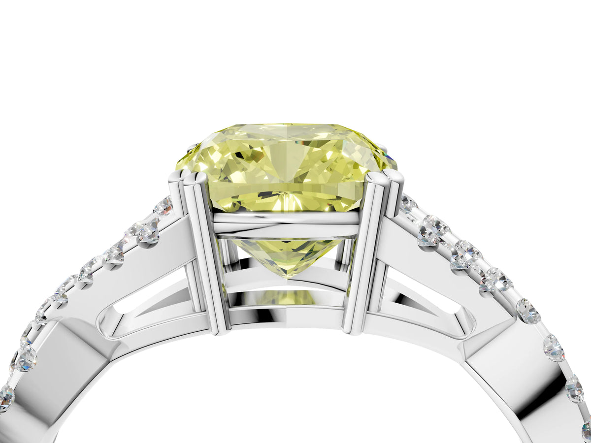 Fancy Yellow Cushion Cut Diamond Solitaire Ring in Platinum with Interwoven Pavé Band and Prong Setting_10