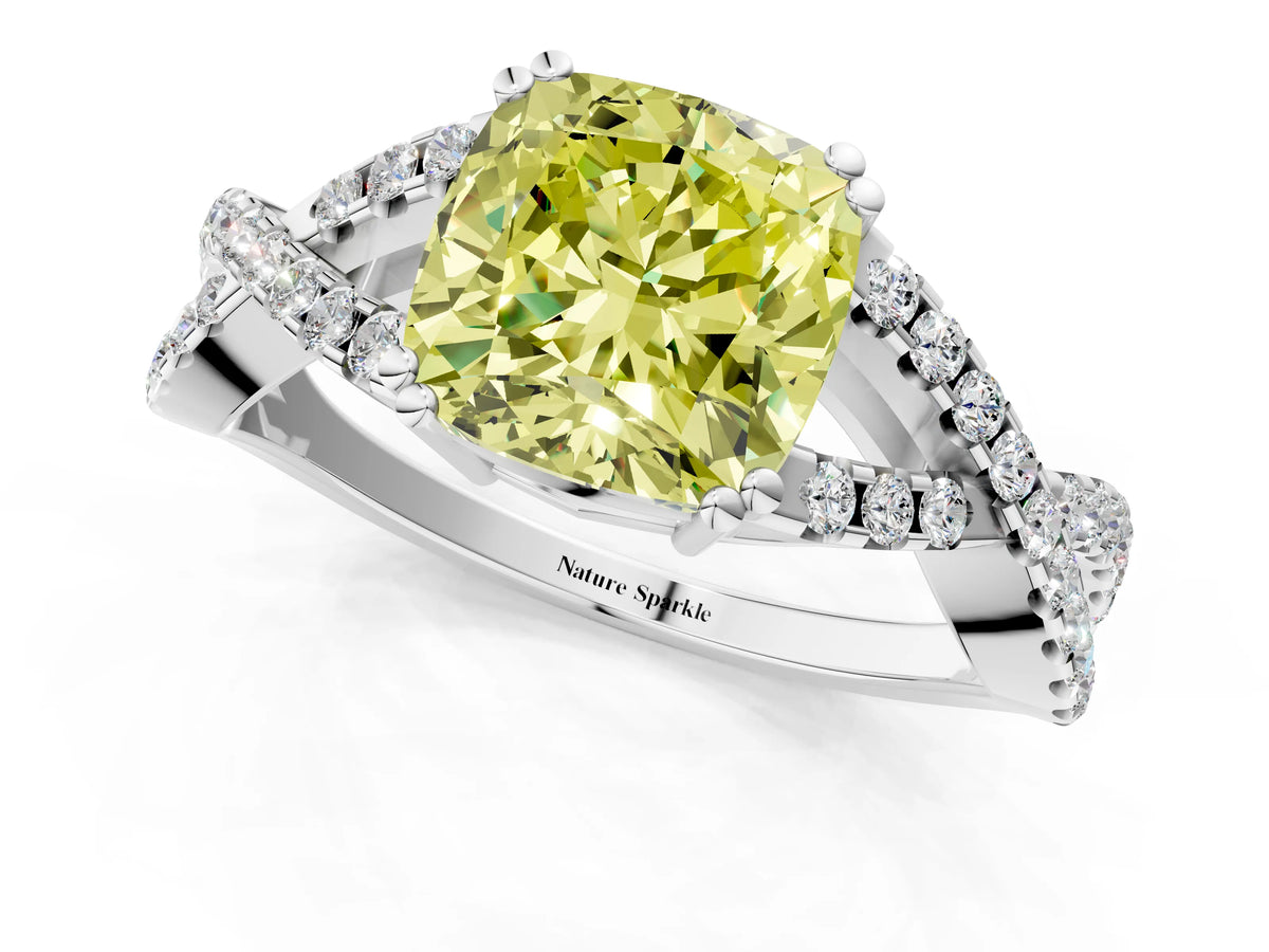 Fancy Yellow Cushion Cut Diamond Solitaire Ring in Platinum with Interwoven Pavé Band and Prong Setting_7