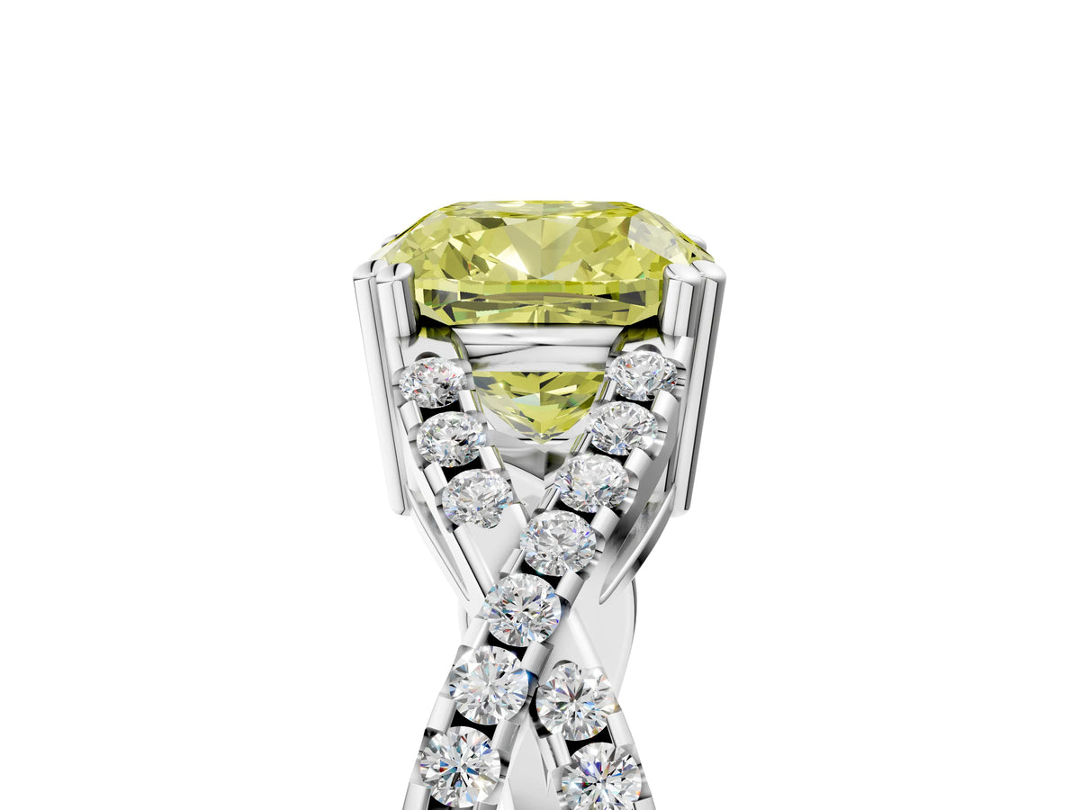 Fancy Yellow Cushion Cut Diamond Solitaire Ring in Silver with Interwoven Pavé Band and Prong Setting_11