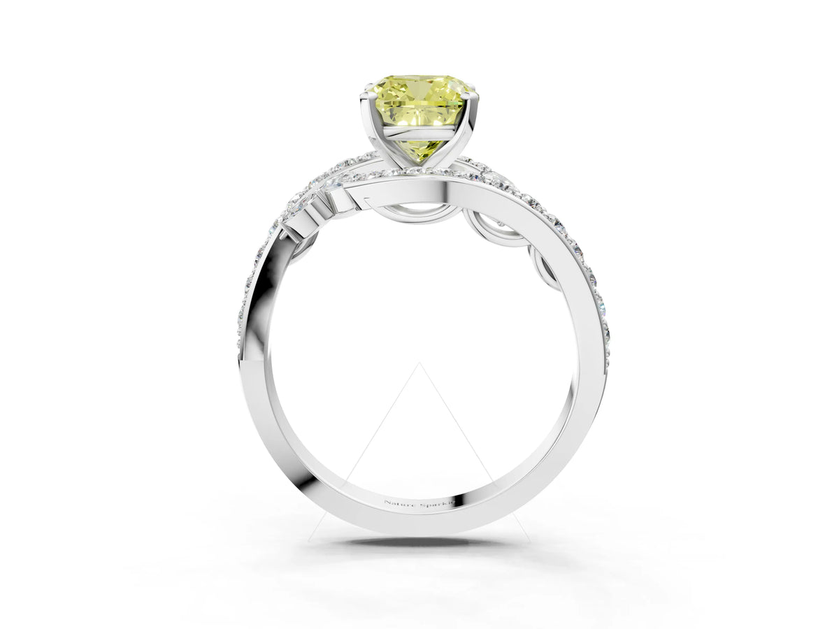 Fancy Yellow Cushion Cut Diamond Solitaire Ring in Silver with Pavé Twist Band and Prong Setting_9