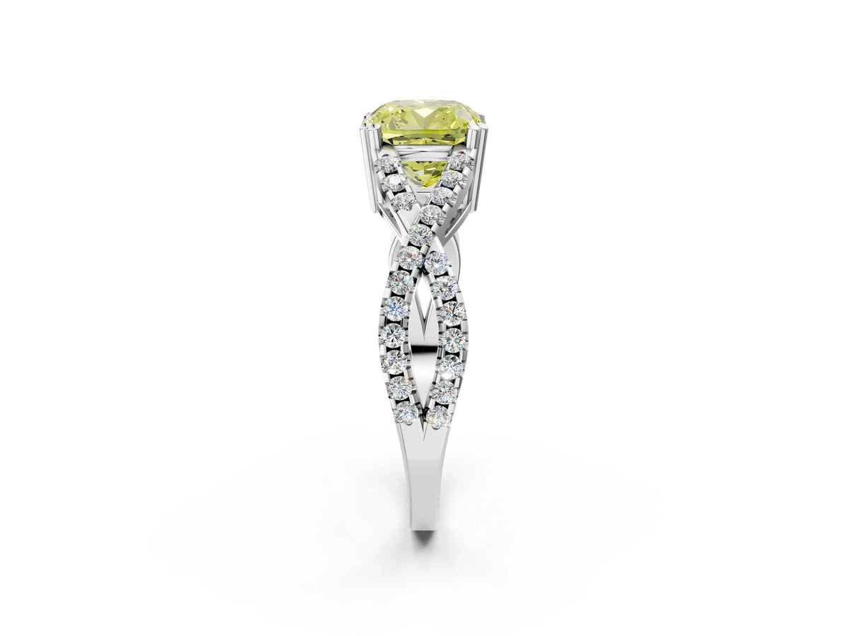 Fancy Yellow Cushion Cut Diamond Solitaire Ring in White gold with Interwoven Pavé Band and Prong Setting_2