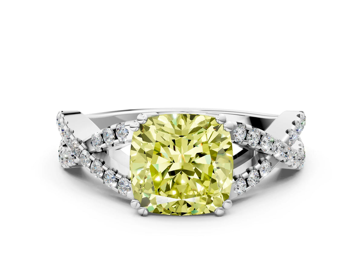 Fancy Yellow Cushion Cut Diamond Solitaire Ring in White gold with Interwoven Pavé Band and Prong Setting