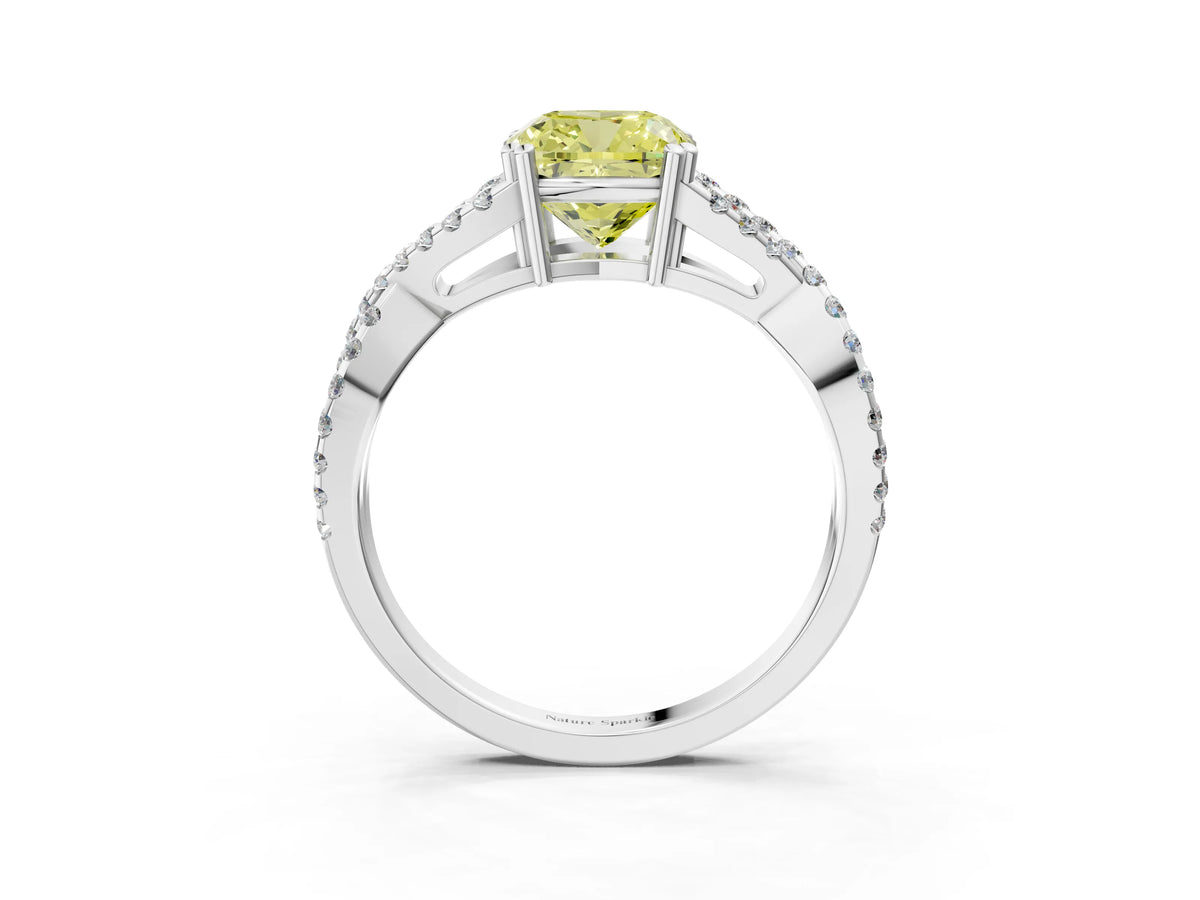 Fancy Yellow Cushion Cut Diamond Solitaire Ring in White gold with Interwoven Pavé Band and Prong Setting_3
