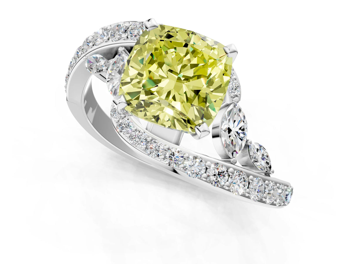 Fancy Yellow Cushion Cut Diamond Solitaire Ring in White gold with Pavé Twist Band and Prong Setting_1