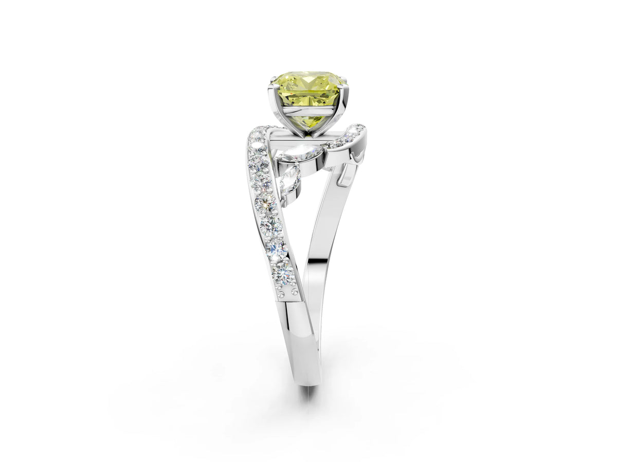 Fancy Yellow Cushion Cut Diamond Solitaire Ring in White gold with Pavé Twist Band and Prong Setting_2