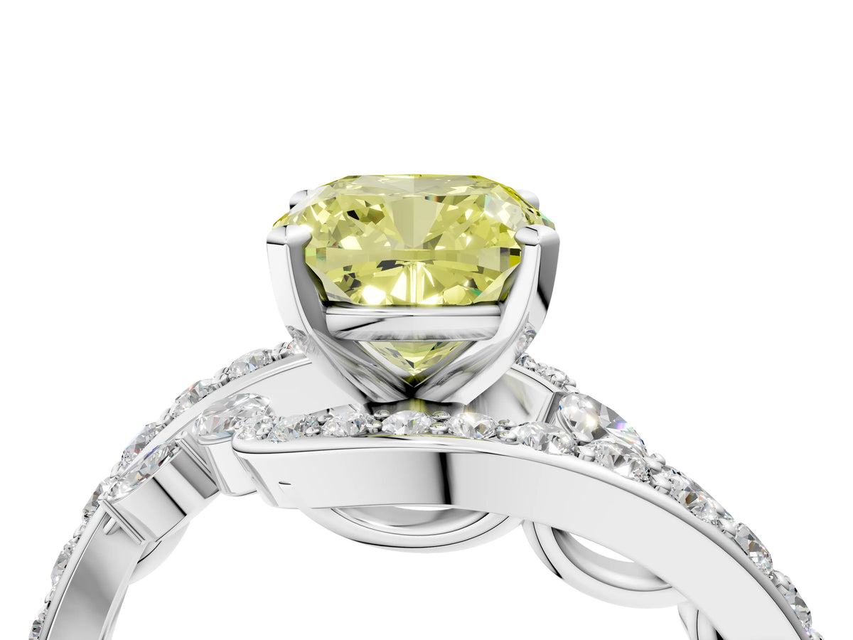 Fancy Yellow Cushion Cut Diamond Solitaire Ring in White gold with Pavé Twist Band and Prong Setting_4