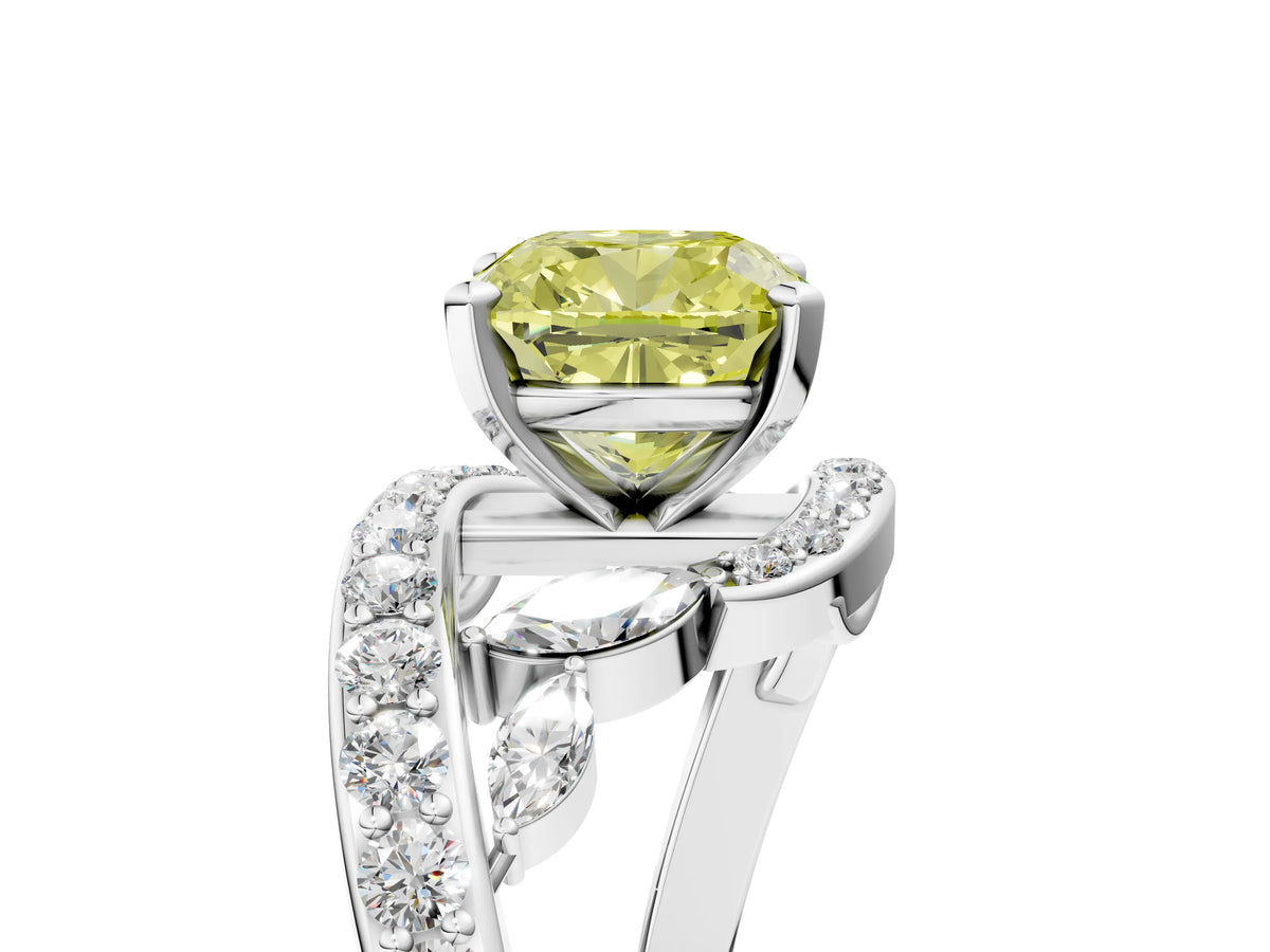 Fancy Yellow Cushion Cut Diamond Solitaire Ring in White gold with Pavé Twist Band and Prong Setting_5
