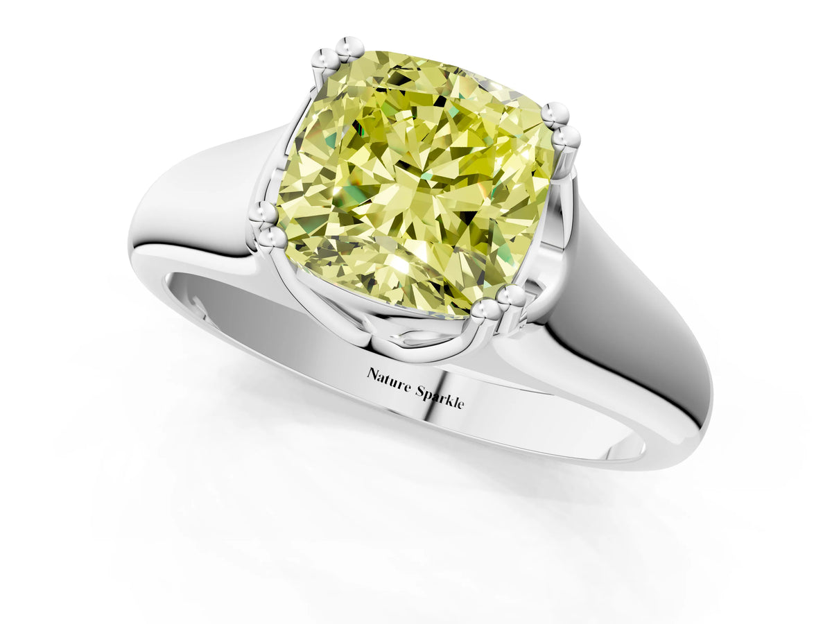 Fancy Yellow Cushion Cut Diamond Solitaire Ring in White gold with Smooth Wide Band and Prong Setting_1