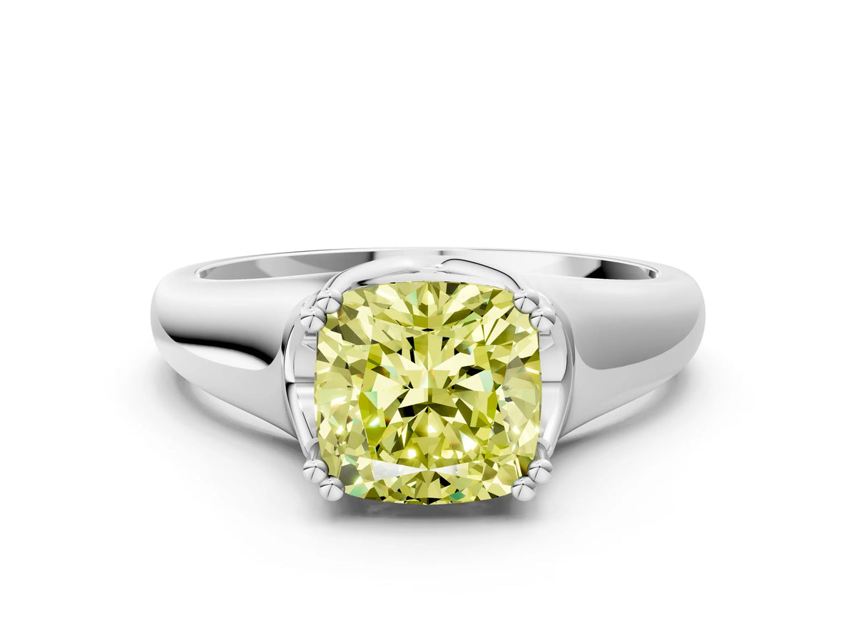Fancy Yellow Cushion Cut Diamond Solitaire Ring in White gold with Smooth Wide Band and Prong Setting