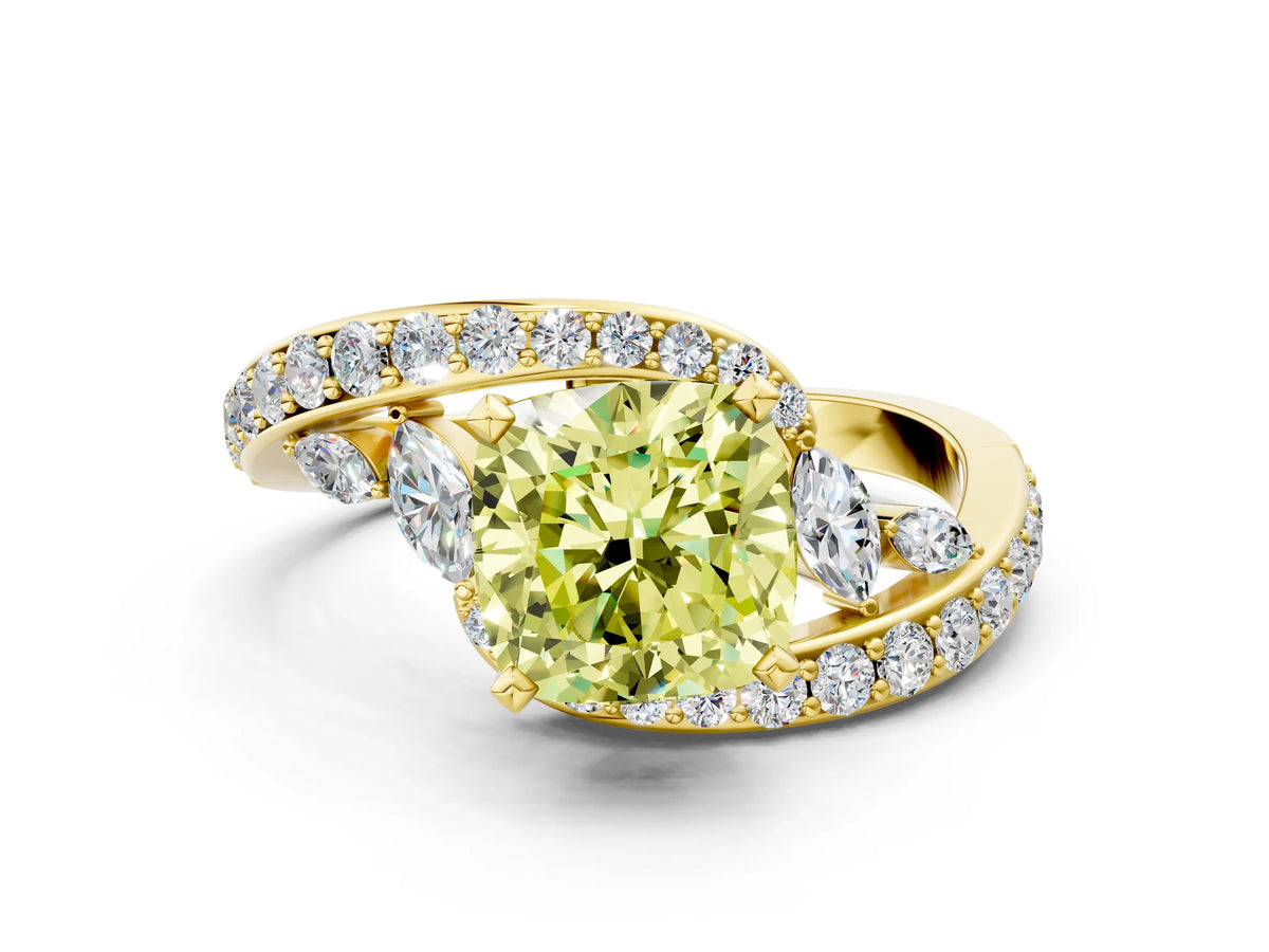 Fancy Yellow Cushion Cut Diamond Solitaire Ring in Yellow gold with Pavé Twist Band and Prong Setting