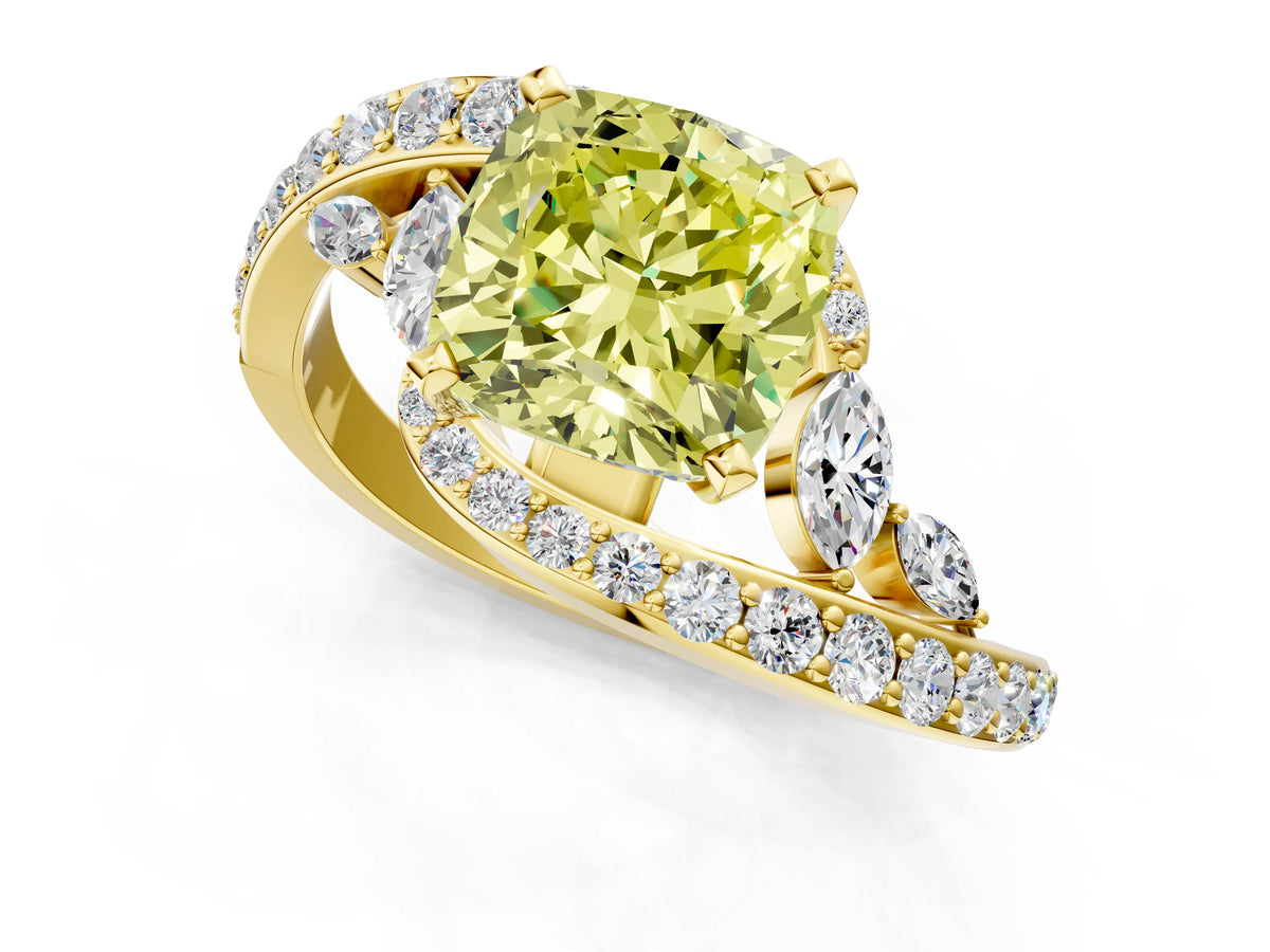 Fancy Yellow Cushion Cut Diamond Solitaire Ring in Yellow gold with Pavé Twist Band and Prong Setting_1
