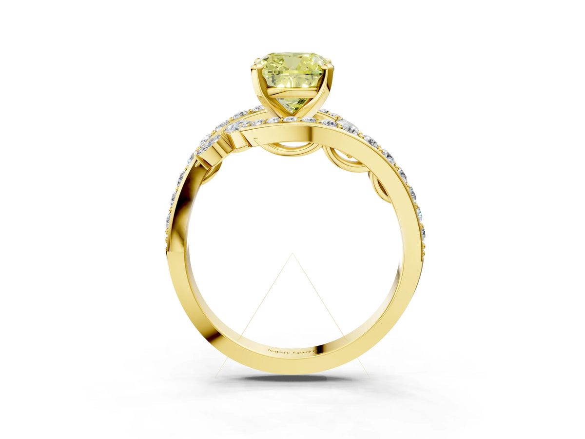 Fancy Yellow Cushion Cut Diamond Solitaire Ring in Yellow gold with Pavé Twist Band and Prong Setting_3