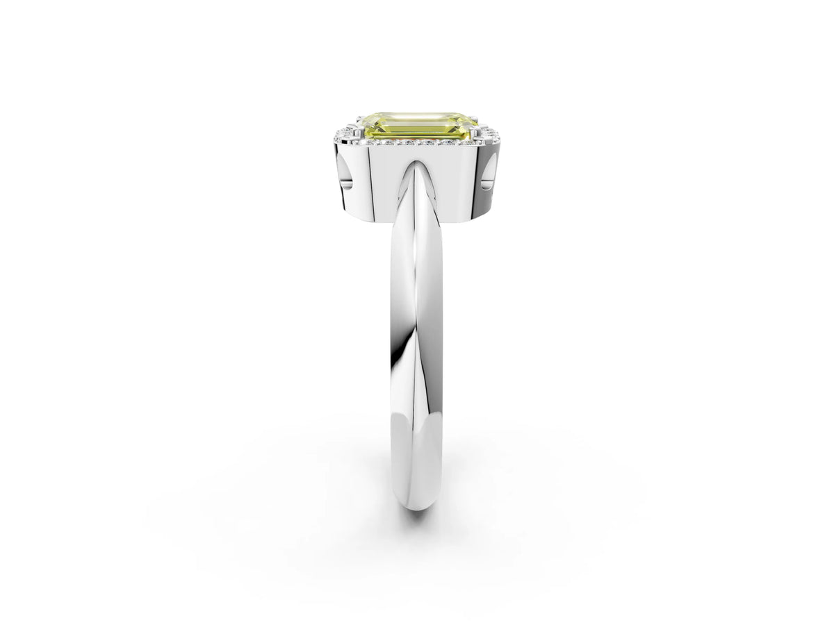 Fancy Yellow Emerald Cut Diamond Halo Engagement Ring in Platinum with Plain Split Shank and Prong Setting_14