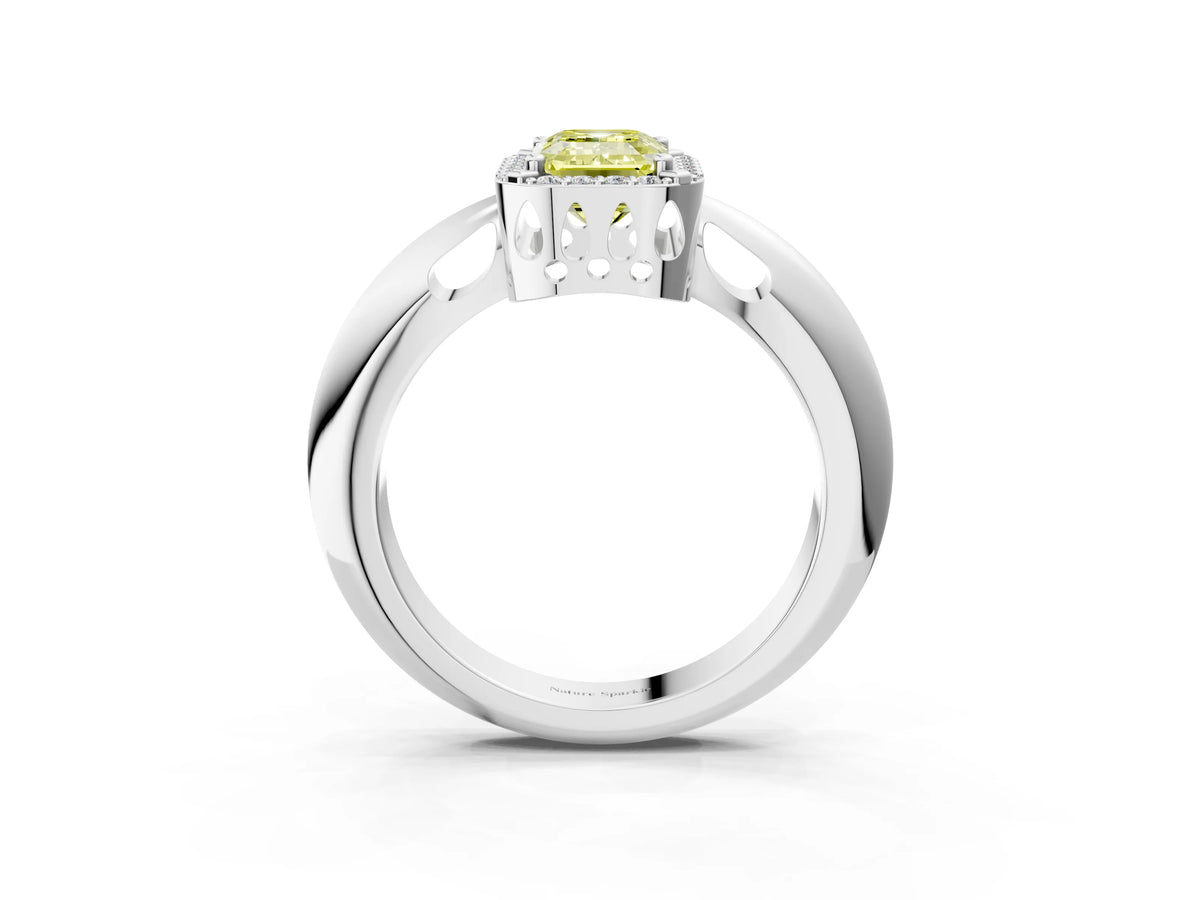 Fancy Yellow Emerald Cut Diamond Halo Engagement Ring in Platinum with Plain Split Shank and Prong Setting_15