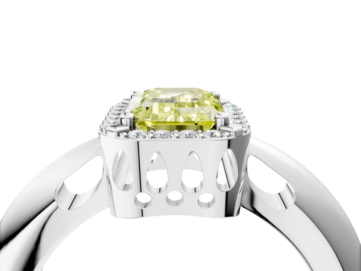 Fancy Yellow Emerald Cut Diamond Halo Engagement Ring in Platinum with Plain Split Shank and Prong Setting_16