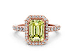 Fancy Yellow Emerald Cut Diamond Halo Engagement Ring in Rose gold with Milgrain Detail and Pavé Band