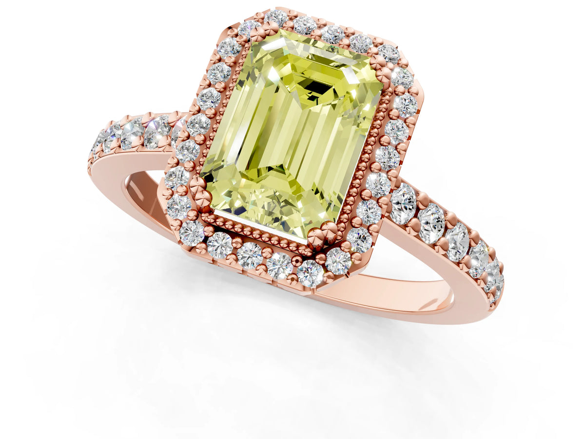 Fancy Yellow Emerald Cut Diamond Halo Engagement Ring in Rose gold with Milgrain Detail and Pavé Band_1