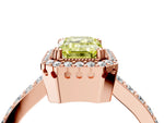 Fancy Yellow Emerald Cut Diamond Halo Engagement Ring in Rose gold with Milgrain Detail and Pavé Band_4