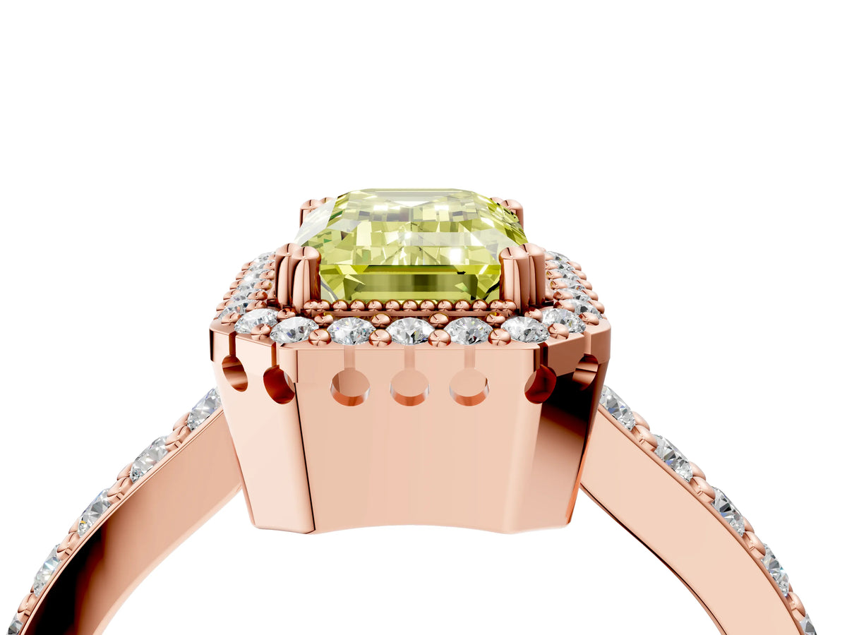 Fancy Yellow Emerald Cut Diamond Halo Engagement Ring in Rose gold with Milgrain Detail and Pavé Band_4