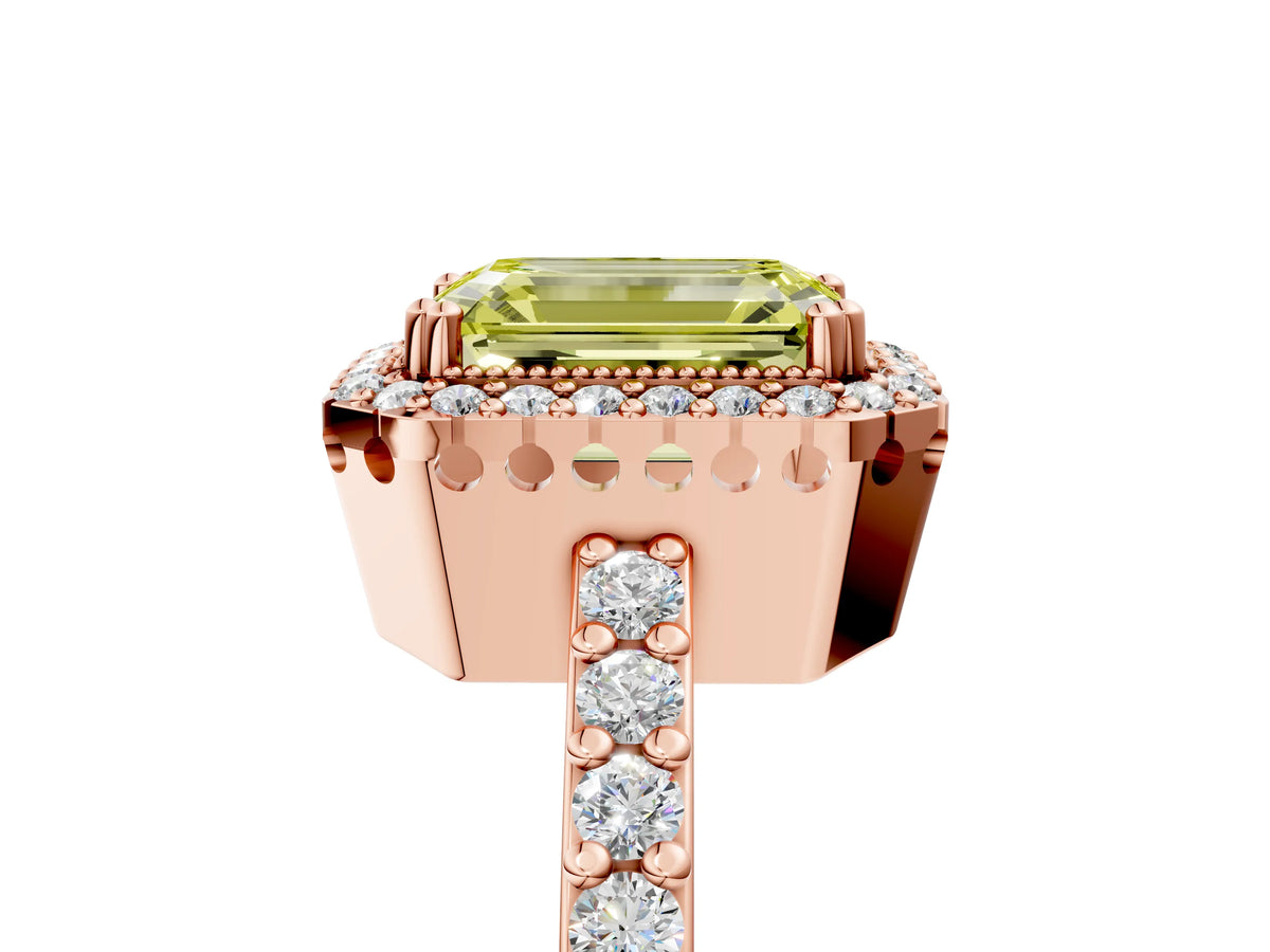 Fancy Yellow Emerald Cut Diamond Halo Engagement Ring in Rose gold with Milgrain Detail and Pavé Band_5