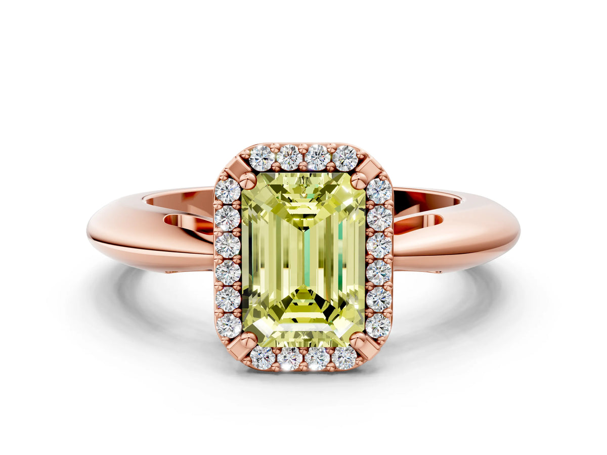 Fancy Yellow Emerald Cut Diamond Halo Engagement Ring in Rose gold with Plain Split Shank and Prong Setting