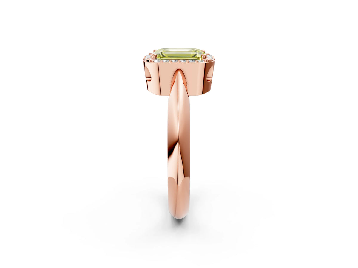 Fancy Yellow Emerald Cut Diamond Halo Engagement Ring in Rose gold with Plain Split Shank and Prong Setting_2