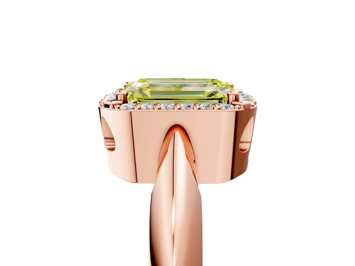 Fancy Yellow Emerald Cut Diamond Halo Engagement Ring in Rose gold with Plain Split Shank and Prong Setting_5