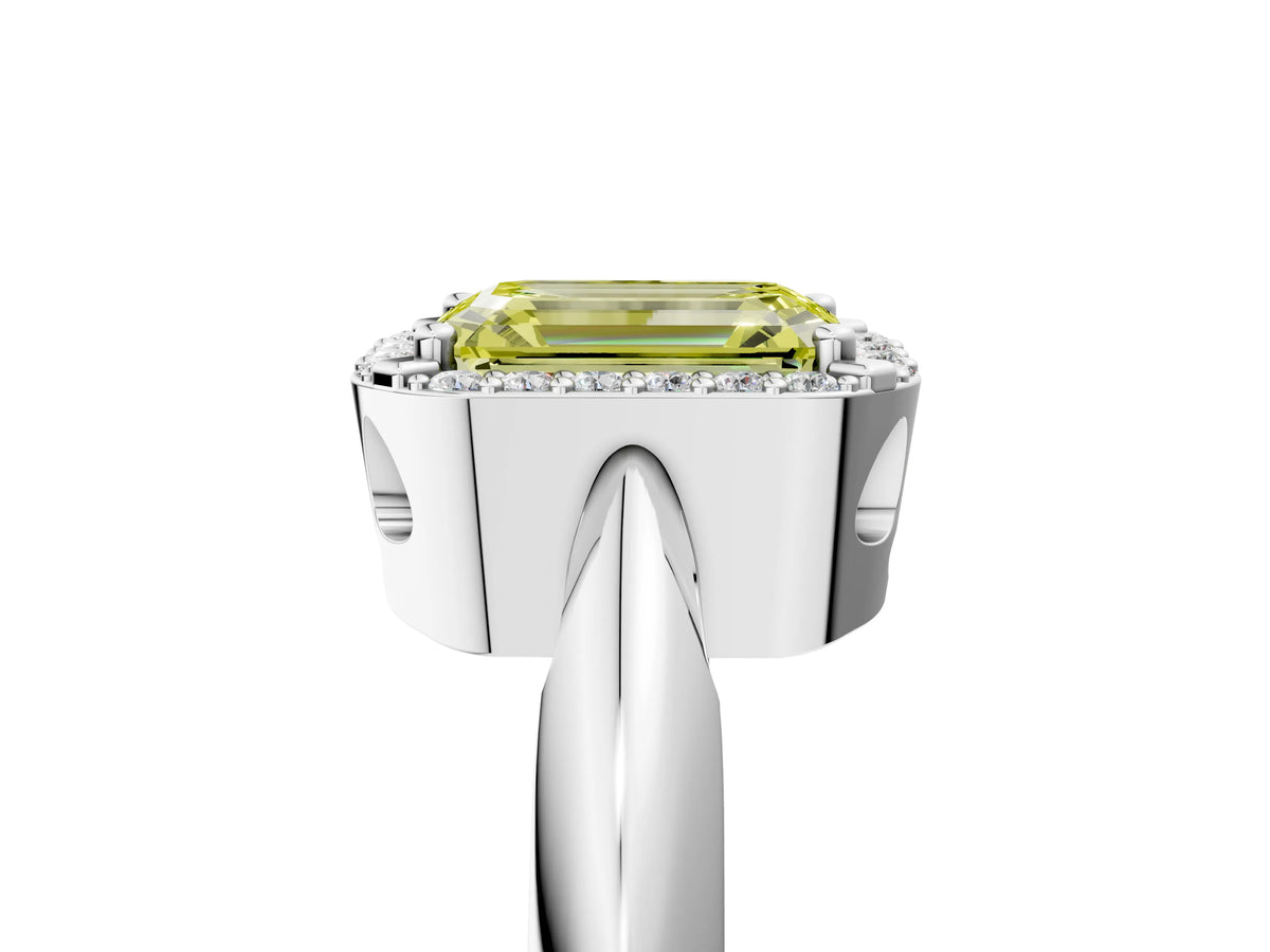 Fancy Yellow Emerald Cut Diamond Halo Engagement Ring in Silver with Plain Split Shank and Prong Setting_17