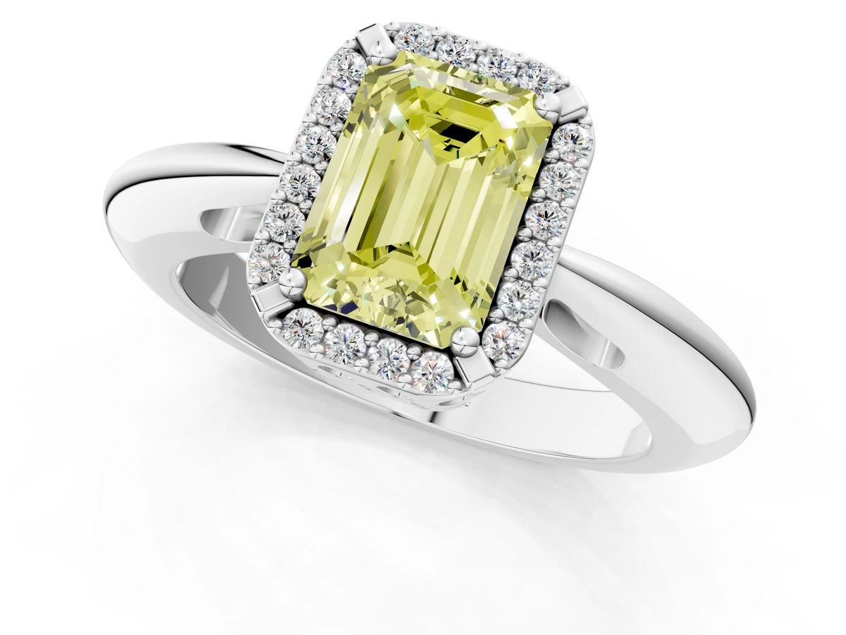Fancy Yellow Emerald Cut Diamond Halo Engagement Ring in White gold with Plain Split Shank and Prong Setting_1