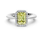 Fancy Yellow Emerald Cut Diamond Halo Engagement Ring in White gold with Plain Split Shank and Prong Setting