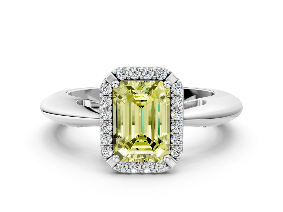 Fancy Yellow Emerald Cut Diamond Halo Engagement Ring in White gold with Plain Split Shank and Prong Setting