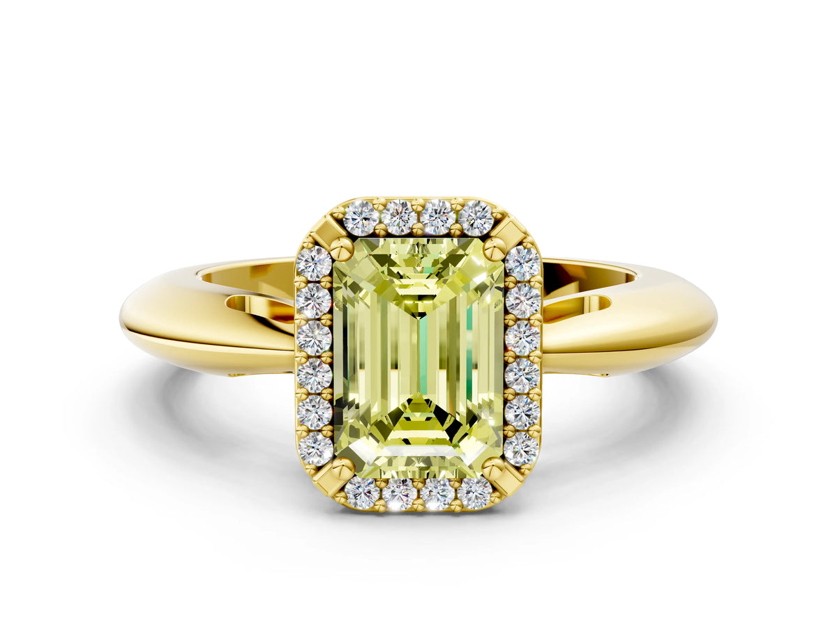 Fancy Yellow Emerald Cut Diamond Halo Engagement Ring in Yellow gold with Plain Split Shank and Prong Setting