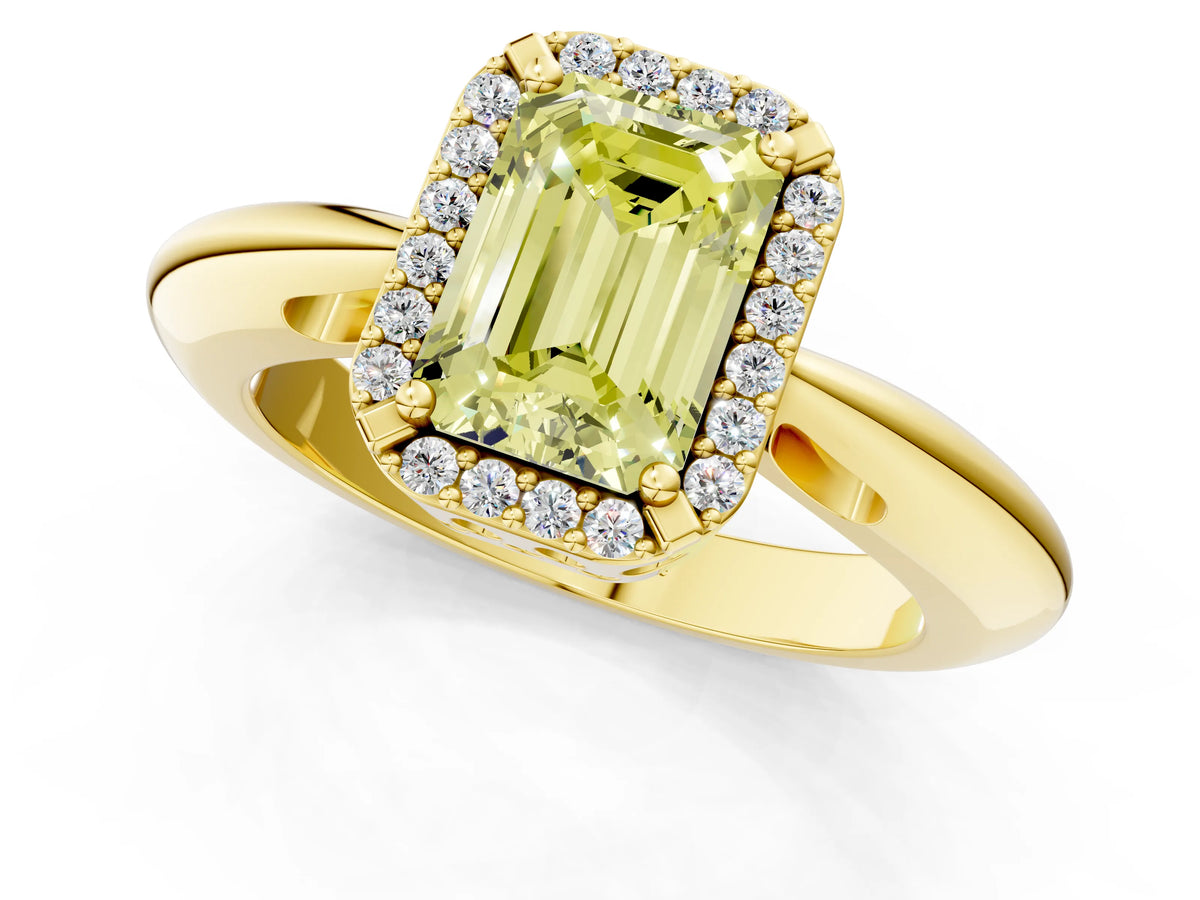 Fancy Yellow Emerald Cut Diamond Halo Engagement Ring in Yellow gold with Plain Split Shank and Prong Setting_1