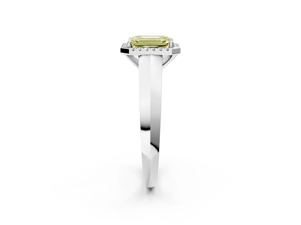 Fancy Yellow Emerald Cut Diamond Halo Ring in White gold with Cathedral Band and Prong Setting_2