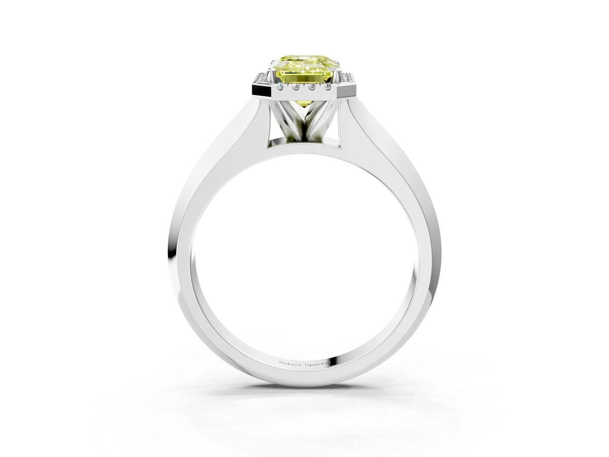 Fancy Yellow Emerald Cut Diamond Halo Ring in White gold with Cathedral Band and Prong Setting_3